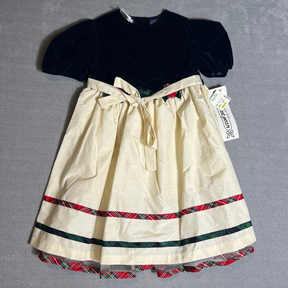 VTG Bonnie Jean Girls Navy Velvet Plaid Ivory Holiday Party Dress Size‎ 6 NWT